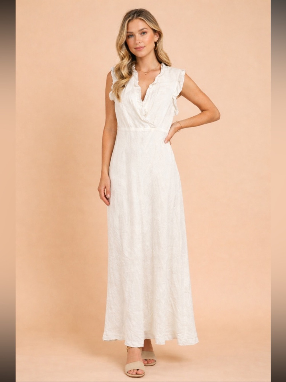 Jillian Jones 100% Linen Maxi Dress Size 6 Ruffle VNeck Fitted Romantic Coquette